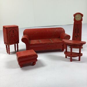 Vtg Strombecker Dollhouse Furniture Red Living Rpom 1930s 5 Pieces